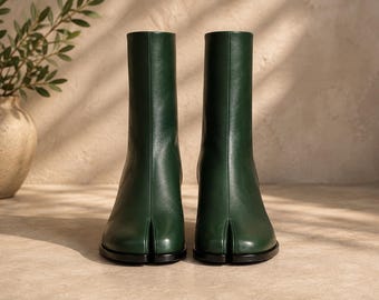 Green Tabi Boots for Men | Split Toe Ankle Boots | Leather Chelsea Boots | Minimalist Designer Style Footwear