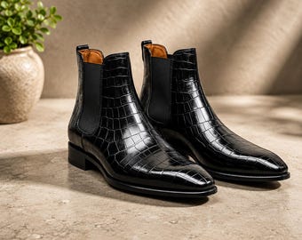 Black Croc Chelsea Boots for Men | Leather Ankle Boots | Exotic Textured Dress Shoes | Handmade Slip On Boots