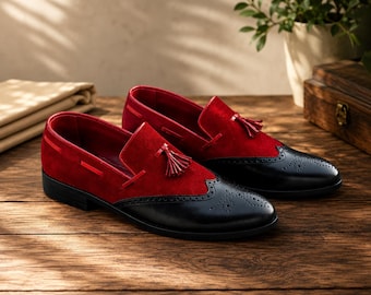 Handgemaakte rood-zwarte loafers met kwastjes voor heren | Luxe leren geklede schoenen