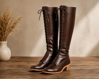 Handmade Brown Knee High Boots for Women | Leather Lace Up Boots | Stacked Block Heel Boots | Tall Fashion Boots | Stylish Fall Winter Shoes