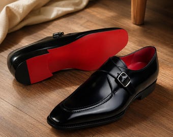Zwarte geklede herenschoenen met monniksband – luxe leren schoenen met rode zool