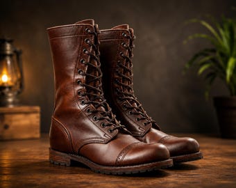 Brown Leather Combat Boots – Men’s Handmade Lace-Up Military Boots