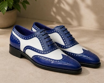 Handmade Two-Tone Leather Oxford Wingtip Brogues | Black White Gentleman Shoes