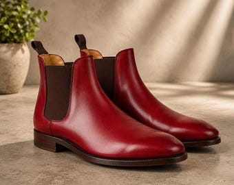 Men’s Mehroon Leather Chelsea Boots | Classic Ankle Boots | Slip On Dress Shoes | Minimalist Formal Casual Footwear