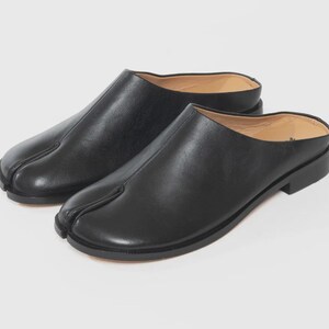 Black Leather Tabi Mules, Split Toe Slip On Slippers, Minimalist Footwear
