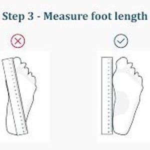 May include: Image showing how to measure foot length for shoe sizing. The text reads "Step 3 - Measure foot length." Two illustrations demonstrate the correct and incorrect methods using a ruler. The correct method shows the ruler aligned with the foot's longest point.