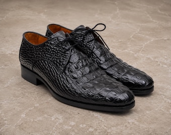 Zwarte leren Oxford-schoenen met krokodillenreliëf voor heren – Handgemaakte luxe formele kledingschoenen