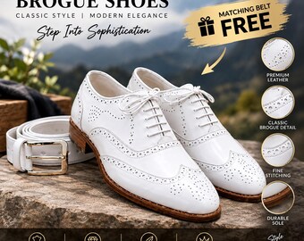 Men's White Leather Brogue Shoes | Handmade Wingtip Dress Shoes | Genuine Leather Oxfords | Matching Leather Belt