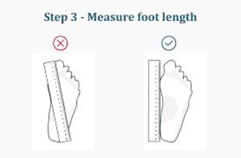 Pode incluir: Ilustra&ccedil;&atilde;o mostrando como medir o comprimento do p&eacute; para tamanhos de sapatos. O texto diz "Passo 3 - Me&ccedil;a o comprimento do p&eacute;." Dois desenhos mostram os m&eacute;todos corretos e incorretos com uma r&eacute;gua. O m&eacute;todo correto alinha a r&eacute;gua com o ponto mais longo do p&eacute;.