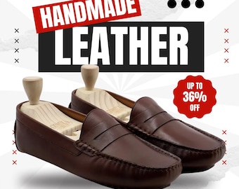 Men's Brown Leather Driving Loafers – Handmade Penny Moccasins, Casual Slip-On Shoes