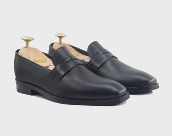 Mocasines de cuero negro para hombre: zapatos de vestir formales clásicos sin cordones