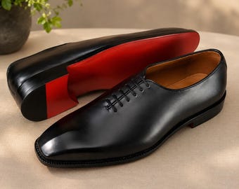 Christian Louboutin Oxford, ręcznie robione buty męskie, skórzane, z czerwoną podeszwą, formalne buty