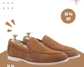 Men's Tan Suede Loafers – Handmade Slip-On Moc Toe Leather Shoes
