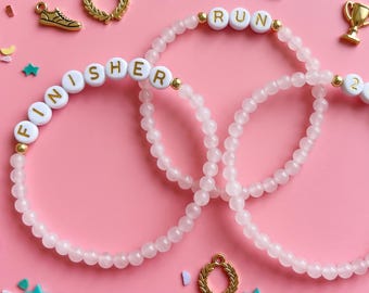 Custom Running Marathon Bracelet, Rose Quartz Jewelry, Gift for Runner, 13.1 26.2 Finisher