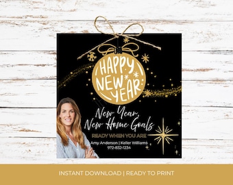 May include: A black and gold New Year's card with a woman's photo. The card features a gold ornament with "Happy New Year" text, "New Year, New Home Goals", and contact information. A starburst design is also included.
