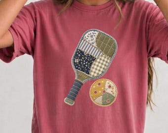 Faux Patchwork Pickleball Shirt, Comfort Colors® Quilted Pickleball Tee, Cottagecore Gingham Floral Shirt, Grandmillennial Pickleball Gifts
