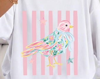 Comfort Colors® Coquette Birdwatcher Shirt, Floral Bow Birdwatching Tee, Whimsical Pink Stripe Bird Art, Soft Girl Era Nature Lover Gift Tee