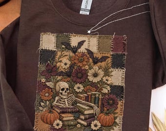 Comfort Colors® Faux Patchwork Skeleton Floral Crewneck, Vintage Boho Halloween Sweatshirt, Skeleton Reading Books Pumpkin, Cottagecore Gift