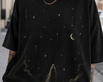 Comfort Colors®Celestial Ghost Shirt, Mystical Moon Falling Stars Tee,Starlight Gothic Astrology Gift, Spiritual Boho Astronomy Unisex Shirt