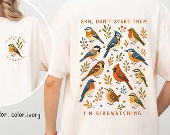 Comfort Colors®Birdwatching Shirt, Easily Distracted By Birds, Cute Front And Back Bird Print Tee, Bird Lover Apparel Gift,Bird Watcher Gift