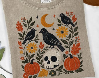 Comfort Colors® Witchy Crow Skull Shirt, Faux Embroidery Autumn Pumpkin Moon Tee, Gothic Bird Lover Gift, Fall Halloween Birdwatcher T-Shirt
