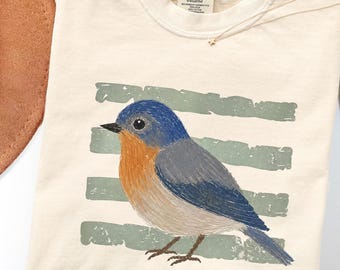 Comfort Colors® Eastern Bluebird Shirt, Vintage Retro Striped Bird Tee, Hand-Painted Watercolor Bird Art, Boho Nature Birdwatching Gift Tee