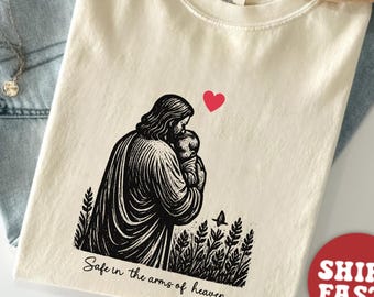 Miscarriage Shirt Christian Linocut Style, Jesus Holding Baby Tee,Infant Loss Memorial,Safe in Heaven, Grief Gift for Mom,Pregnancy Loss Tee
