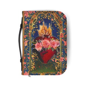 Bijbelhoes met opdruk 'Onbevlekt Hart van Maria', misboeketui met ritssluiting, ideaal cadeau voor katholieken.