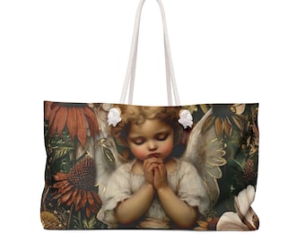 Praying Angel Weekender Bag | Vintage Floral Cherub Travel Tote