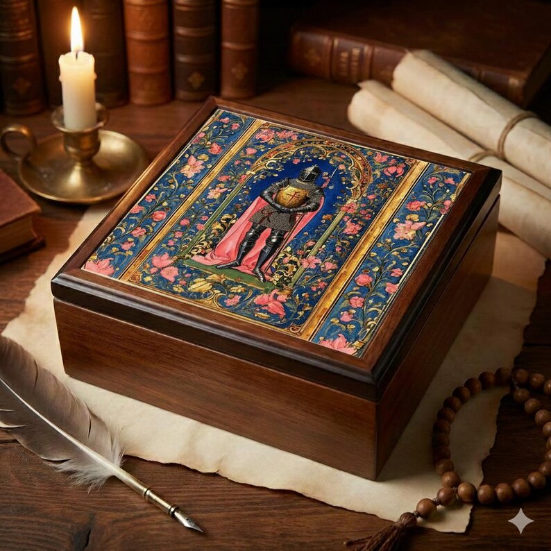 Catholic Keepsake Box – Knight Templar Manuscript Tile‑top Chest ...