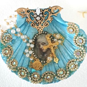 Madonna Rosary Holder Scallop Shell Dish Embellished Trinket Dish, Catholic Keepsake 5"  Shell)