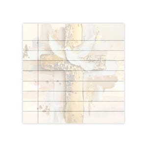 May include: A decorative wooden panel featuring a painted cross with a white dove. The cross is gold with glitter accents, and the background has soft brushstrokes of beige, white, and gold. The artwork evokes a sense of peace and spirituality.