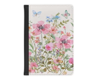 Funda para pasaporte con diseño de flores silvestres en acuarela / Accesorio de viaje con mariposas florales