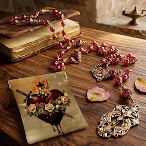 May include: A rosary featuring translucent red beads and a gold-toned metal crucifix, resting near a rectangular card displaying a dark red heart pierced by a sword, adorned with flames and roses, placed on a wooden surface with an old book.