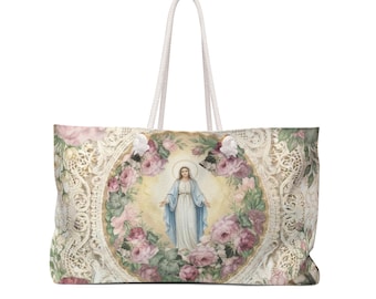 Bolso de fin de semana vintage con estampado floral de la Virgen María / Bolso religioso con estampado de rosas de encaje.