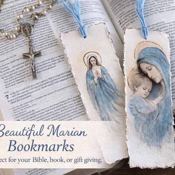 Segnalibro di arte sacra fatto a mano ad acquerello, regalo cristiano, immagine della Vergine Maria ad acquerello, segnalibro biblico.