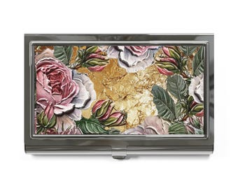 Cottage Impasto Roses Business Card Holder | Personalized Floral Metal Case