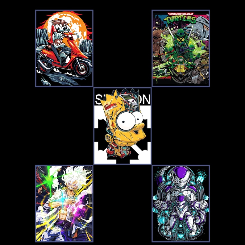 May include: Five colorful graphic art prints on a black background. The prints feature cartoon characters and pop culture references, including a skull riding a scooter, Teenage Mutant Ninja Turtles, Bart Simpson, and anime characters.