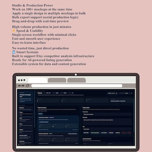 Puede incluir: Una pantalla de ordenador que muestra una interfaz de software con un tema oscuro. La pantalla muestra varias herramientas y funciones de gesti&oacute;n de proyectos, con texto que destaca sus capacidades para los vendedores de Etsy, incluida la generaci&oacute;n de listados con IA y el an&aacute;lisis de la competencia.