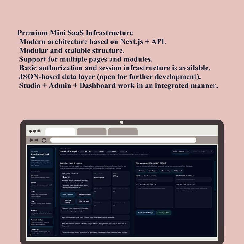 Puede incluir: Una tableta digital muestra una interfaz de software de tema oscuro con m&uacute;ltiples secciones y texto. La pantalla muestra un panel con varias opciones y visualizaciones de datos. El texto en la pantalla incluye "Automatic Analysis" y "Extension Install & Connect."