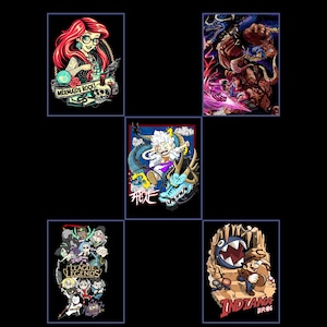 May include: Five graphic designs on a black background. The designs include a mermaid with the text "Mermaids Rock", a fighting scene, a character with a dragon, a League of Legends design, and an Indiana Jones-themed design with the text "Indiana Bros".