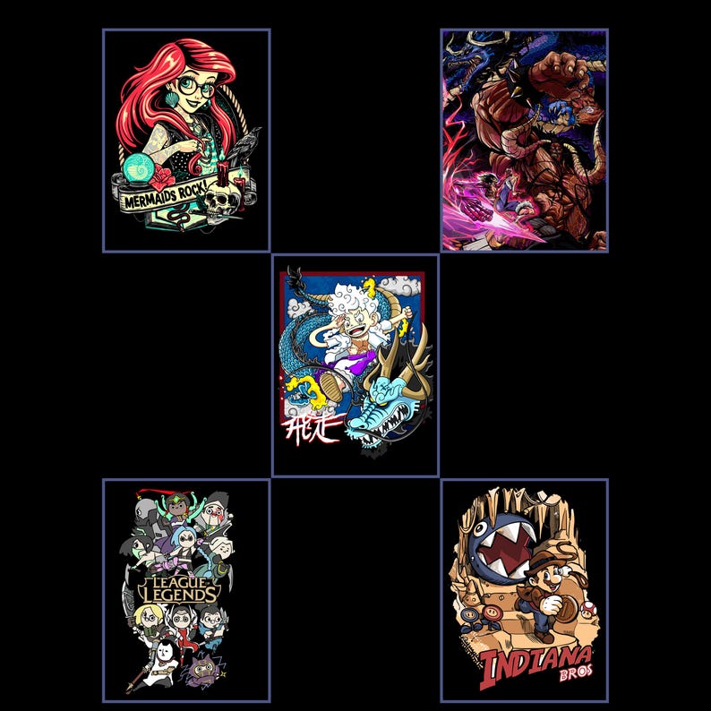 May include: Five graphic designs on a black background. The designs include a mermaid with the text "Mermaids Rock", a fighting scene, a character with a dragon, a League of Legends design, and an Indiana Jones-themed design with the text "Indiana Bros".