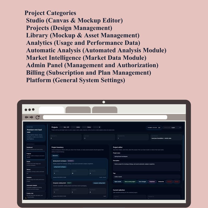 Puede incluir: Una tableta digital muestra una interfaz de software de tema oscuro. La pantalla muestra un panel con varias herramientas de gesti&oacute;n de proyectos, incluidas las secciones de inventario y editor de proyectos. El texto en la pantalla incluye "Categor&iacute;as de proyectos" y otras funciones.
