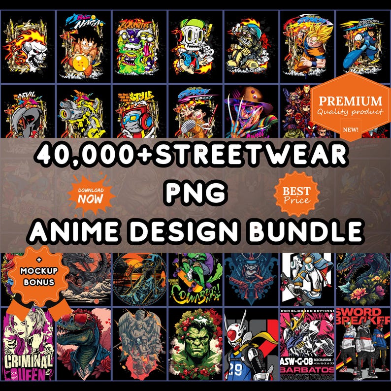 May include: A collection of anime-themed streetwear designs in PNG format. The image showcases various graphic designs featuring characters and illustrations. Text includes "40,000+ STREETWEAR PNG ANIME DESIGN BUNDLE", "DOWNLOAD NOW", "BEST Price", "MOCKUP BONUS", and "PREMIUM Quality product".