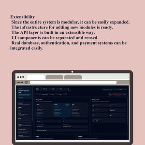 Puede incluir: Una pantalla de port&aacute;til muestra una interfaz de software de tema oscuro con varios campos de datos y gr&aacute;ficos. La pantalla est&aacute; sobre un fondo rosa claro, con texto que describe la extensibilidad del software.