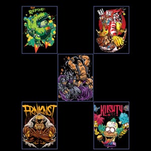 May include: Five graphic illustrations on a black background. The illustrations feature cartoon characters and text. The top left image says "The Reptar!!" and depicts a green dinosaur. The top right image shows a clown. The middle image shows two muscular figures. The bottom left image says "FRNKNST". The bottom right image says "KUSHTY".