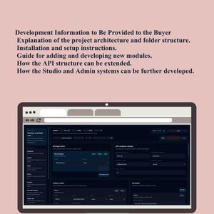 Puede incluir: Una pantalla de ordenador muestra una interfaz de software de tema oscuro con varias secciones y campos de datos. La pantalla est&aacute; sobre un fondo rosa claro. El texto en la parte superior enumera la informaci&oacute;n de desarrollo que se proporcionar&aacute; al comprador.