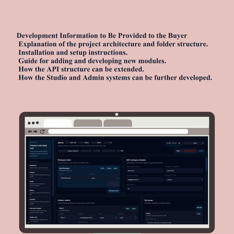 Puede incluir: Una pantalla de ordenador muestra una interfaz de software de tema oscuro con varias secciones y campos de datos. La pantalla est&aacute; sobre un fondo rosa claro. El texto en la parte superior enumera la informaci&oacute;n de desarrollo que se proporcionar&aacute; al comprador.