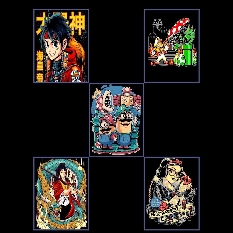 May include: A collection of five graphic illustrations on a black background. The illustrations feature anime-style characters, video game characters, and a Snow White-inspired image. Each image is framed in a square.