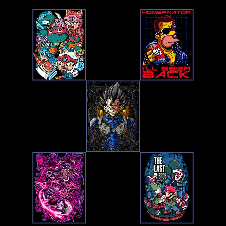 May include: Five colorful graphic designs on a black background. The designs feature characters from popular cartoons and video games, including the Teenage Mutant Ninja Turtles, Homer Simpson, and characters from Dragon Ball Z and Super Mario.
